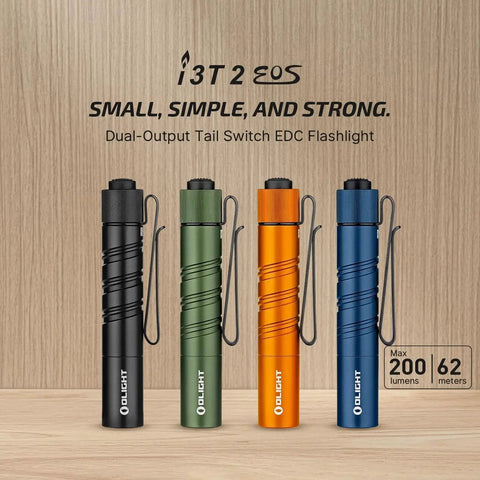 Ultra compact EDC flashlight delivers up to 200 lumens with a clear 62 meter beam, shown with dual-output tail switch and clip.