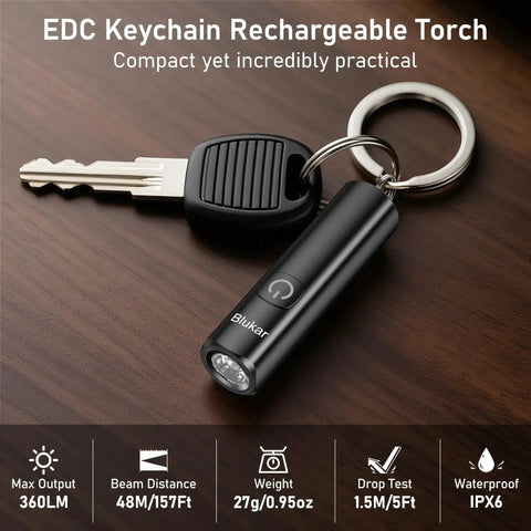 Rechargeable EDC Flashlight With USB C Port, 360 Lumen Mini Keychain Light shown with attached keychain for everyday carry.