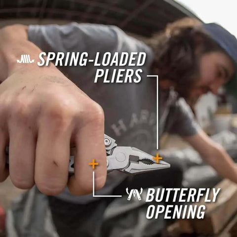 Man using Suspension-NXT 15-In-1 EDC Multi Tool with needle nose pliers and spring-loaded butterfly opening in an outdoor setting.