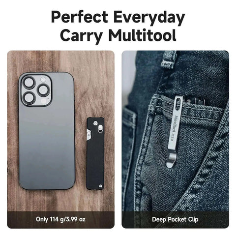 Axis Lock Folding Pocket Knife With 11 In 1 Multitool 2.76 Inch 14C28N Steel Blade G10 Handle shown next to smartphone and clipped in jeans pocket.