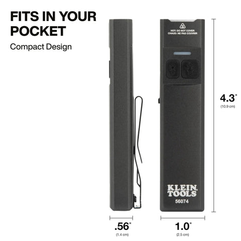 Side view and front view of a compact rechargeable EDC pocket flashlight with a precise green laser, dual clip, and magnetic end