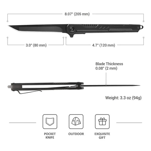 EDC Pocket Knife With 7CR13Mov Steel Tanto Blade Slim Survival Knife With Clip And Liner Lock Window Breaker dimensions