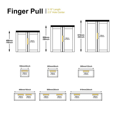 Diagram showing Edge Finger Tab Cabinet Pulls Back Mount Aluminum Flat Hidden Handle dimensions and installation sizes.
