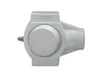 Front view of 35mm Stainless Set-Screw Take-Up Unit with White Polymer Covers, Single-Row Sealed Ball Bearing Insert, Locking, Washdown Ready