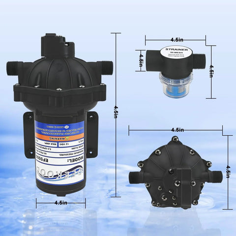 EF5500-BOX 12V Sprayer Pump, Soft Wash Pump, 5.5GPM 60 PSI Diaphragm Pump front and side view with dimensions shown