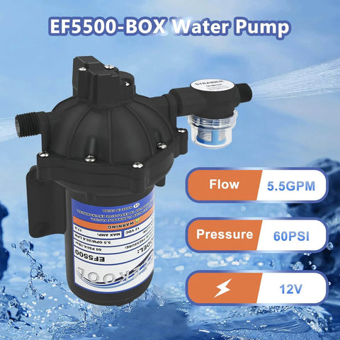 EF5500-BOX 12V Sprayer Pump, Soft Wash Pump, 5.5GPM 60 PSI Diaphragm Pump displayed with flow specs