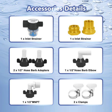 EF5500-BOX 12V Sprayer Pump accessory details with inlet strainers, hose barb adapters, elbow, MNPT, and clamps.