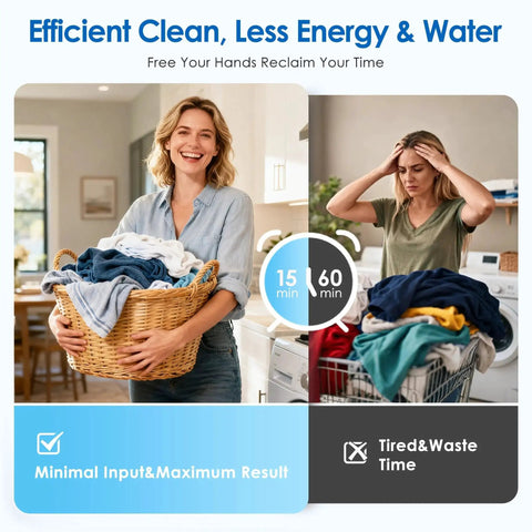 Two women doing laundry; left holding basket with washed clothes, right frustrated at overloaded washer