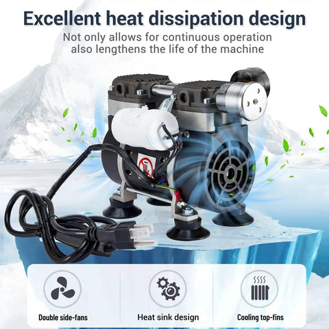 High Efficiency Oilless Vacuum Pump With Fifty Liters Per Minute Capacity And Simple On Off Switch Quiet Aluminum Silencer Vacuum Gauge Four Connectors For Laboratory Electronics Industry And Home Workshop Use, featuring heat dissipation design, side fans, and cooling fins.