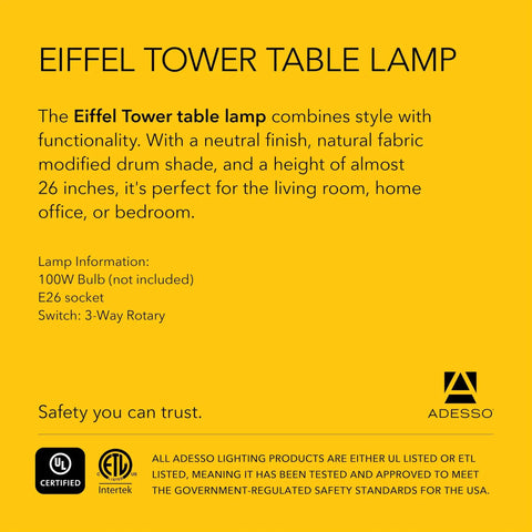 Parisian Inspired Eiffel Tower Table Lamp With Black Acrylic 3D Base And Natural Fabric Shade For Bedside Desk Or Living Room A Dope Pick For Farmhouse Rustic Boho And Industrial Decor. Product packaging showing details about lamp features and certifications.