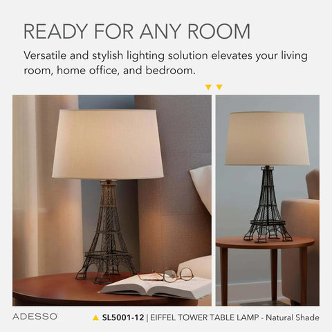 Parisian Inspired Eiffel Tower Table Lamp With Black Acrylic 3D Base And Natural Fabric Shade For Bedside Desk Or Living Room A Dope Pick For Farmhouse Rustic Boho And Industrial Decor in a living room setting.