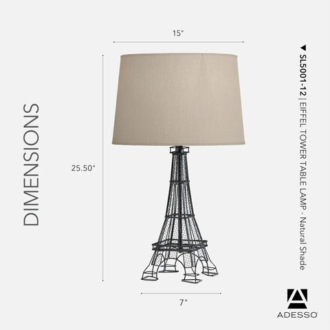 Parisian Inspired Eiffel Tower Table Lamp With Black Acrylic 3D Base And Natural Fabric Shade For Bedside Desk Or Living Room A Dope Pick For Farmhouse Rustic Boho And Industrial Decor, shown front view with dimensions.