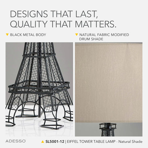 Parisian Inspired Eiffel Tower Table Lamp With Black Acrylic 3D Base And Natural Fabric Shade For Bedside Desk Or Living Room