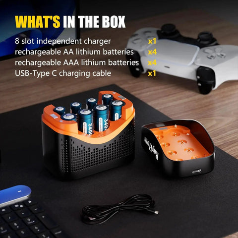 Eight Battery Pack With Charger 4 AA 3400mWh And 4 AAA 1100mWh in charger with USB-C, includes game controllers in background