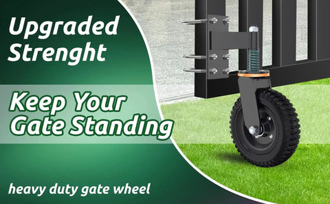Eight Inch Gate Wheel For Metal Tube Gates, Heavy Duty Swivel Wheel With 360 Degree Rotation And Spring Loaded Design installed on gate
