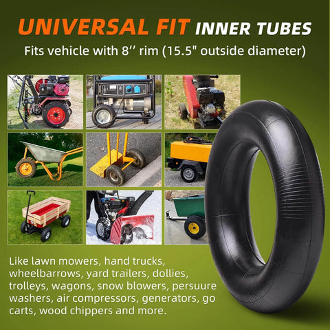 4.80/4.00-8 Heavy Duty Inner Tubes 2 Pack with TR-13 Straight Valve displayed with various utility equipment and vehicles