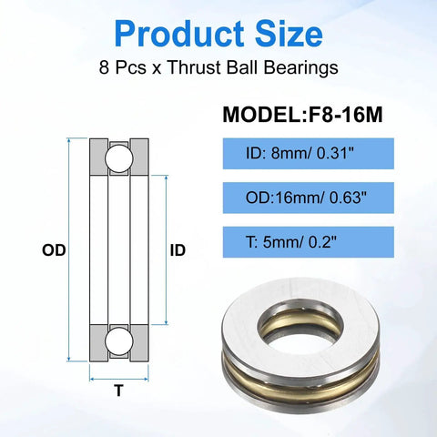 Diagram and photo of Eight Pack Miniature Thrust Ball Bearings With Washers 8mm Bore 16mm Outer Diameter 5mm Thick Chrome Steel Single Direction