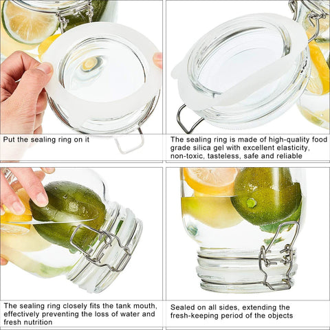 Outus 3.75 inch white silicone jar gaskets for regular mouth canning jars, front view.

Outus white silicone jar gasket on glass regular mouth jar lid, side view.

Outus 3.75 inch white silicone sealing ring close-up being pressed onto jar mouth.

Outus 3.75 inch white silicone jar gasket installed on glass canning jar with latch.