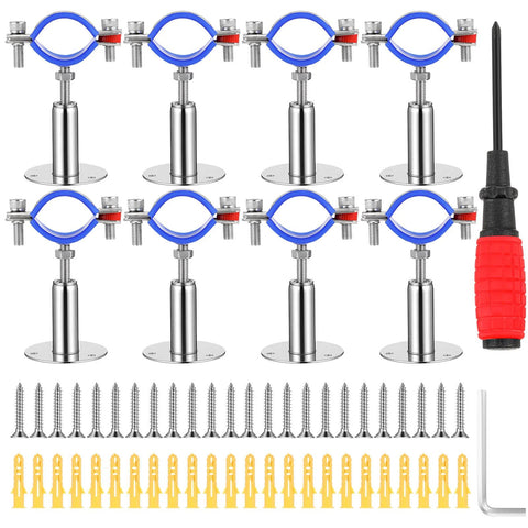 Yaocom 8pc stainless steel pipe supports kit with blue clamps for 3/4 in pipes, adjustable 50-100 mm, includes screws.