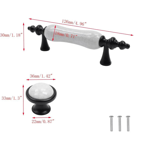 Dimensions of Eight Piece Crack Pattern White Ceramic Cabinet Pulls and Drawer Knobs Set in Antique Black with hardware screws.