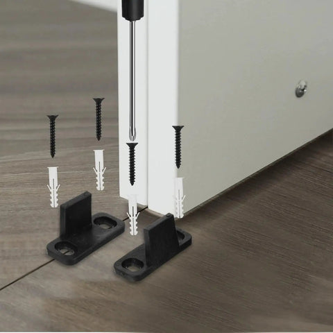 Eight Piece Sliding Door Floor Guide Set With Screws, Bottom Guide For Bypass, Pocket And Barn Style Doors, shown installed on floor