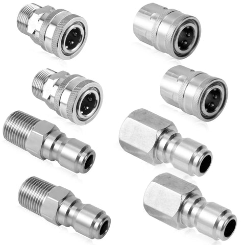 8pcs pressure washer quick-connect fittings, 1/4-in male and female adapters, stainless steel.