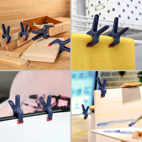 Four 4-1/2 inch mini bar clamps and spring clamps from the Eight Piece Clamp Set shown in various woodworking and holding scenarios.