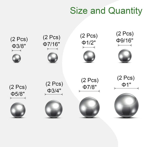 Size chart of Eight Size Bearing Ball Set 16 Pieces In 304 Stainless Steel For Bearings Gears Hubs And Machinery, from 3/8 to 1 inch.