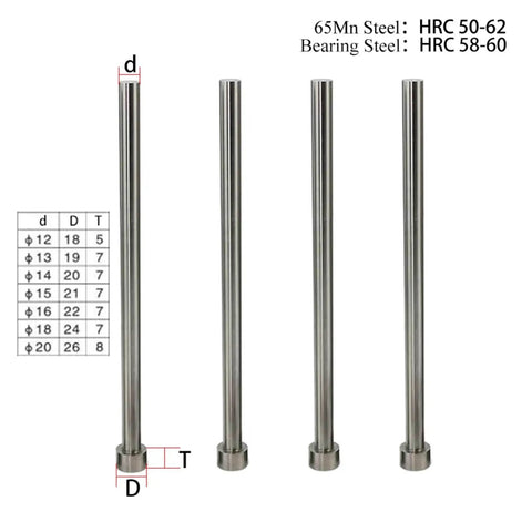 Straight Punching Ejector Pin 65Mn Round Tip for Plastic Injection Molding, 100mm Length, shown with size chart and hardness info