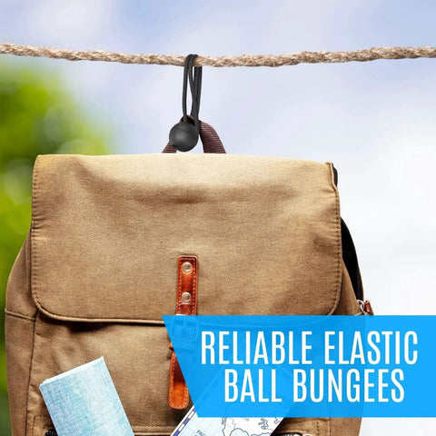 Backpack secured with bungee cord on rope, showcasing 24 Pack Heavy Duty Tarp Clips With Lock Grip And Tarp Tie Downs Bungee Cords With Balls.
