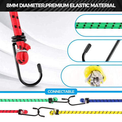 Close-up of 12 Pack Elastic Bungee Cords With Hooks in assorted colors, showcasing 8mm diameter and premium elastic material for outdoor use.