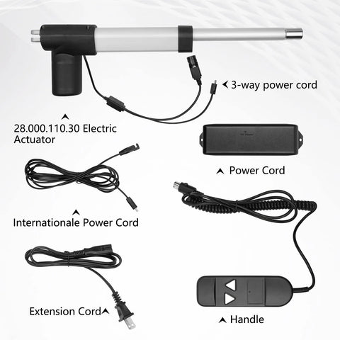Feikeer electric recliner actuator replacement kit with 24V DC actuator, power supply, cords, and handheld remote.