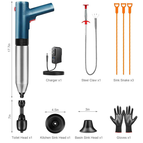 Electric Air Drain Blaster Clog Remover with 80 PSI, accessories including heads, charger, steel claw, and gloves for plumbing