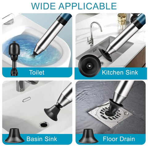 Electric Air Drain Blaster Clog Remover with high pressure up to 80 PSI shown in use on toilet, kitchen sink, basin sink, floor drain.