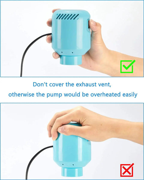 Electric Air Pump For Vacuum Storage Bags Fast Compact And Easy To Use showing proper handling to avoid overheating
