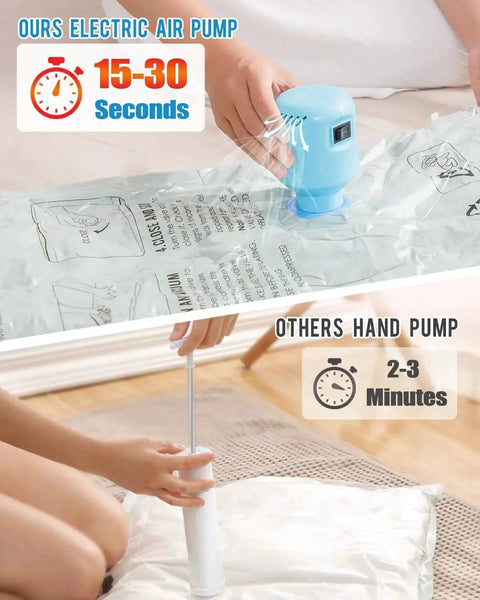 Comparison of Electric Air Pump for Vacuum Storage Bags with hand pump, showcasing speed and efficiency for clothes storage