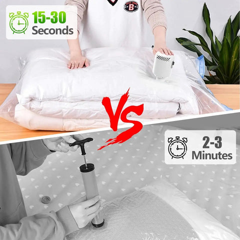 Comparison between electric air pump and manual pump for vacuum storage bags, highlighting speed differences with timers and a split image.