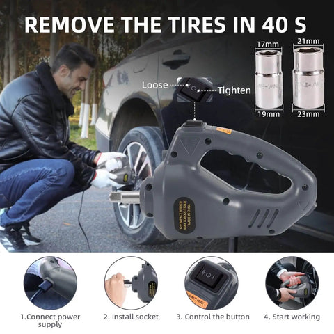 Man using Portable 5 Ton 12V Electric Car Jack Kit With Hydraulic Floor Jack Impact Wrench And Built In 150 PSI Tire Inflator