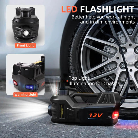 Electric Car Jack 5 Ton 12V Floor Jack With Inflator Pump Portable Hydraulic Lift For Cars SUVs Sedans MPVs Tire Change LED Light Your Go To Tire Replacement And Home Garage Use FEANISIFEI standing beside car tire with LED light on