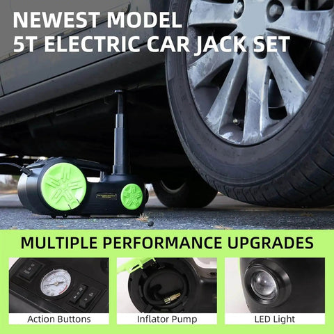 5 Ton Electric Hydraulic Car Jack Kit With 12V Portable Lift Reach 20.9 Inches ROGTZ Upgrade Pro Grade in use under a car tire