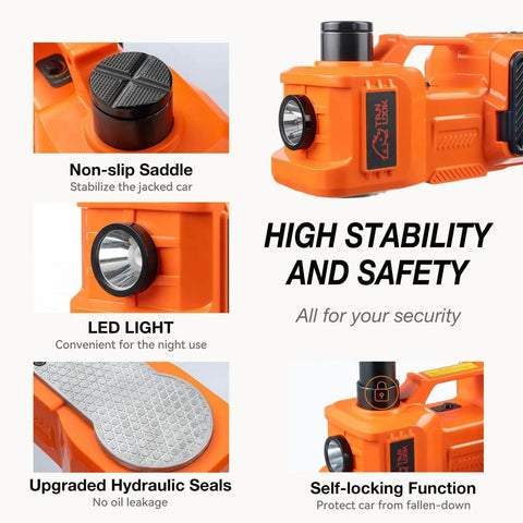 5-Ton Electric Car Jack Kit With Hydraulic Lift, Tire Inflator, And Impact Wrench showing LED light and non-slip saddle