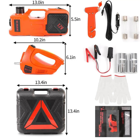 All In One 5 Ton Electric Car Jack Set With Integrated Tire Pump And Impact Wrench By Trihelper with accessories shown.