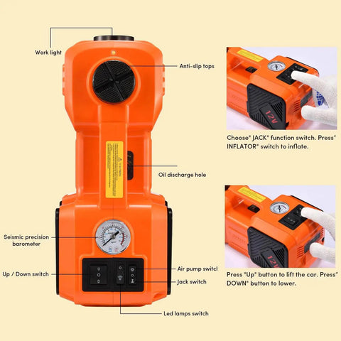 All In One 5 Ton Electric Car Jack Kit With 12V Portable Hydraulic Floor Jack Impact Wrench Tire Inflator Pump And LED Light detail view with controls and features for SUVs and sedans