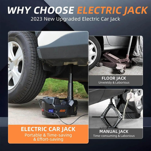 Electric car jack lifting vehicle beside manual and floor jack comparison