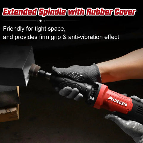 Using Electric Die Grinder With One Quarter Inch Collet 28000 RPM Heavy Duty Straight Grinder on metal, ergonomic rubber grip visible.