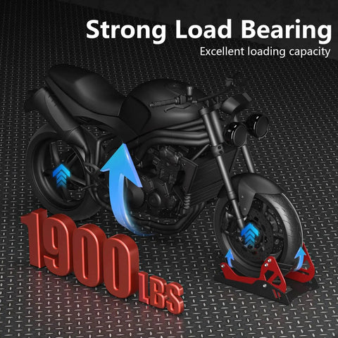 Heavy Duty Electric Dirt Bike Wheel Chock and Trailer Stand 1800 Lb Capacity supporting motorcycle on metal surface