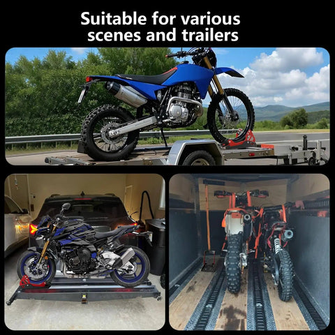 Heavy Duty Electric Dirt Bike Wheel Chock and Trailer Stand 1800 Lb Capacity Universal 8 To 21 Inch Wheel Fits Dirt Bikes And Ebikes Adjustable Length Easy Mount For CRF TTR KLX Surron Sur Ron Light Bee And More holding bikes on trailers
