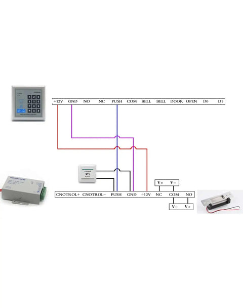 Wiring diagram for Heavy Duty 12V DC Electric Door Strike Lock With Fail Safe And Fail Secure Modes for access control systems.