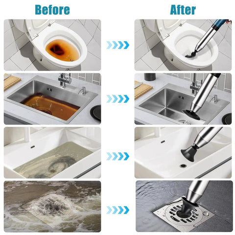 Electric Air Drain Blaster Clog Remover with High Pressure Up to 80 PSI clears bathroom floor drains, showers, sinks, and tubs fast, before and after results displayed.