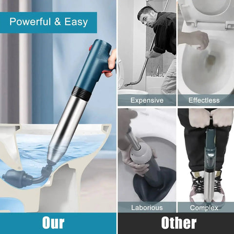 Electric Air Drain Blaster Clog Remover With High Pressure Up To 80 PSI next to traditional plunger and plumber images